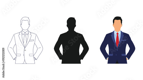 Set of three businessman icons outline sketch, black silhouette and full color illustration, standing with hands hips