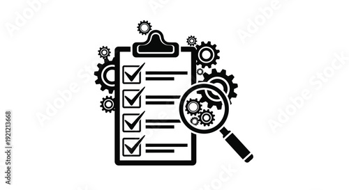 Checklist with gears and a magnifying glass representing process review
