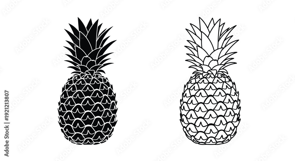 Obraz premium Two pineapples in contrasting black and white line art style