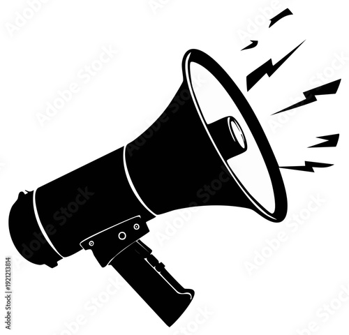Bullhorn broadcasting messages with black vector design, promoting announcements, loudspeaker for communication and marketing