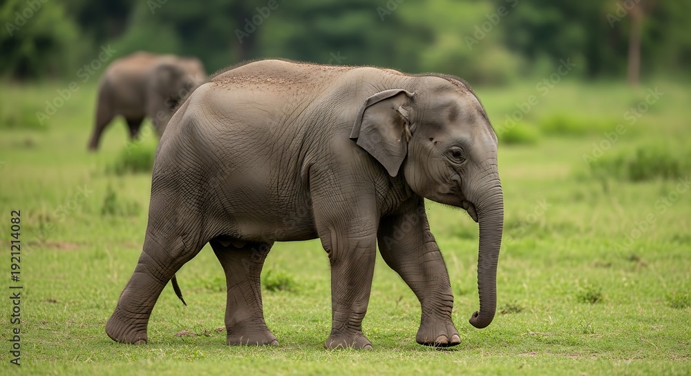 Obraz premium Elephant walking across green field with another in background