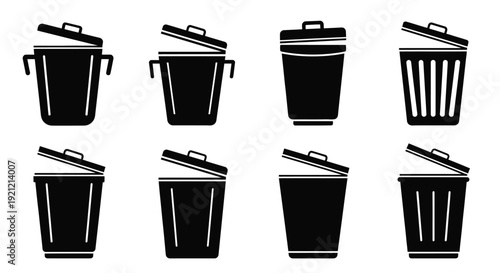 A collection of black silhouette trash cans with open lids