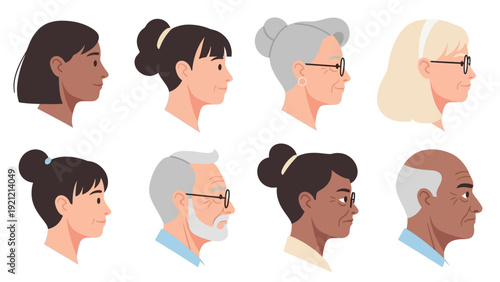 vector profile illustrations of diverse multi-generational men and women showcasing various ages genders and ethnicities for demographic and social concepts.