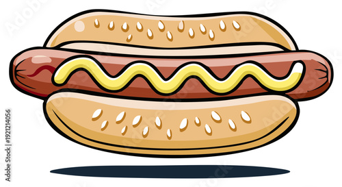 Cartoon hot dog icon delicious wiener in sesame bun with mustard topping classic street food illustration