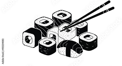 A black and white illustration of several pieces of sushi with chopsticks