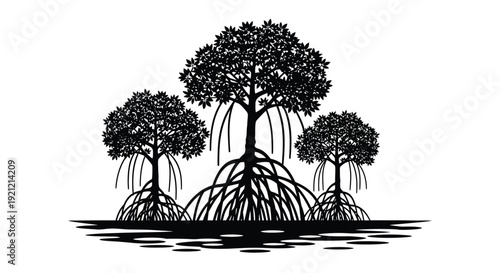 Black and white illustration of mangrove trees in a water landscape
