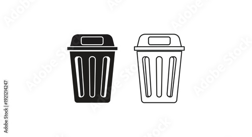 Two black and white line art depictions of waste bins or trash cans