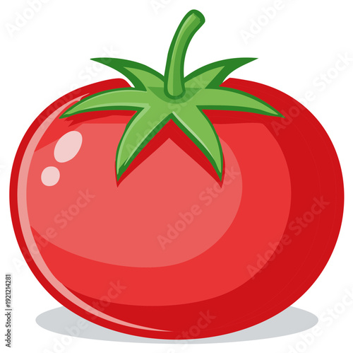 Cartoon style illustration of a red tomato with green stem and leaves.