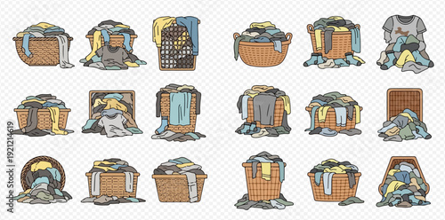 A large collection of hand-drawn laundry baskets overflowing with dirty clothes and garments.