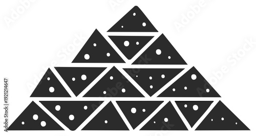 Abstract geometric pyramid structure of dark triangles featuring scattered white circular patterns