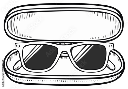 Sunglasses in an open case, hand-drawn illustration.