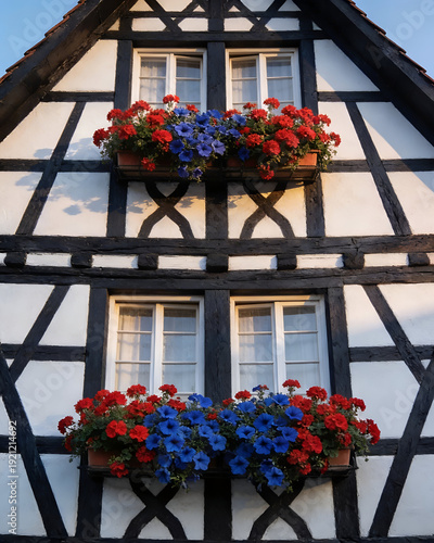 Traditional half timbered house facade with colorful flowers in Blumenau