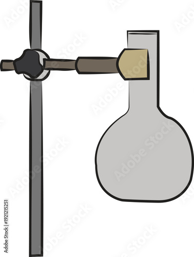 Flat vector illustration of a laboratory round-bottom flask secured with a clamp on a retort stand.ideal for chemistry concepts, laboratory experiments, educational materials, and scientific research.