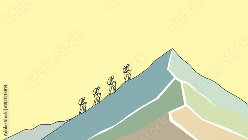 a determined team of four hikers steadily ascending a vast stylized mountain with trekking poles illustrating concepts of progress teamwork and achieving success.