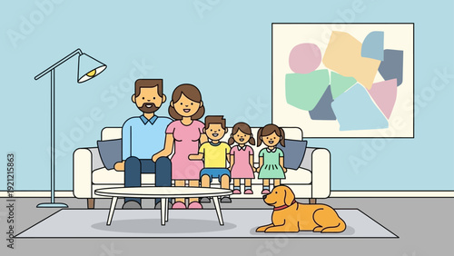 a happy family of five with their dog relaxing together on a couch in a modern living room depicting togetherness.