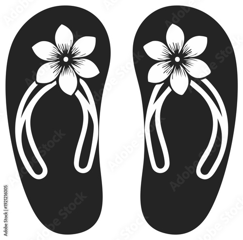 Black and White Flip Flops with Flower Accents, Summer Footwear Illustration