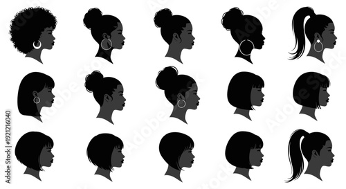 diverse african american women silhouettes showcasing various natural and styled hairstyles like afros bobs and ponytails celebrating beauty culture and hair identity in designs.
