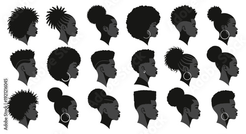diverse african american men and women silhouettes showcasing natural hairstyles celebrating cultural identity and black beauty.