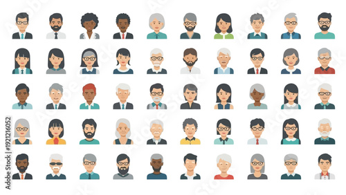 diverse avatar icons flat design portraits of diverse ages genders and ethnicities for business profiles and modern ui design projects.