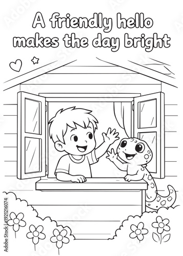 coloring book boy leaning out a window to greet a gecko, a friendly hello brightens the day