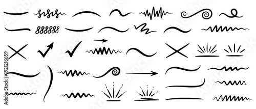 Hand drawn underline swoosh and brush stroke set for emphasis in vector doodle style