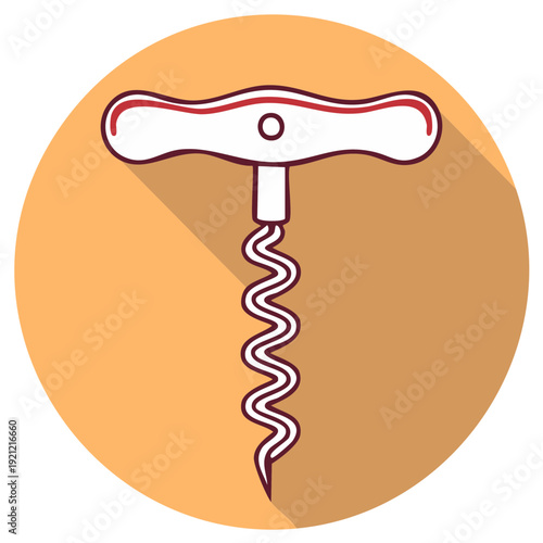 Vector illustration of a white corkscrew with red accents, placed on an orange circle.