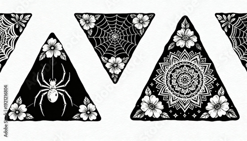 Intricate Triangular Mandala Patterns with Spider and Celestial Designs