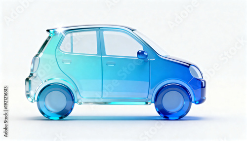 Blue electric car 3D render with charging cable isolated on white background