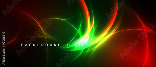 Abstract vibrant design features flowing curves, gradients. Red, green, yellow hues dominate dark background. Text reads background design.