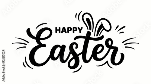 Happy Easter Bunny Ears Vector – White Script Lettering with Pink Rabbit Ears on Gray Background for Spring Greeting Cards, Holiday Crafts, and Festive Designs