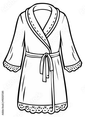 Outline of a bathrobe with a belt, collar, and lace details.