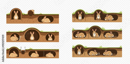 A collection of illustrated rabbit burrows showing their underground homes, tunnels, and dens in a cross-section view.