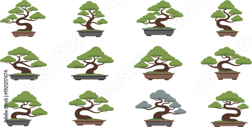Bonsai tree collection with miniature Japanese plants in pots representing zen garden, nature, and traditional oriental art illustrated in flat vector style