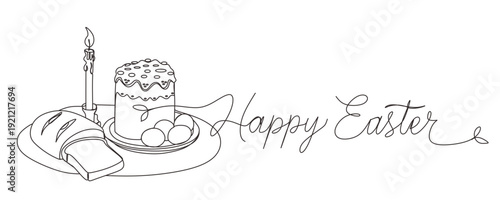  Happy Easter handwritten typography lettering text line design color egg white greeting card  Single-Line Easter Still Life with Candle Bread Kulich and Eggs