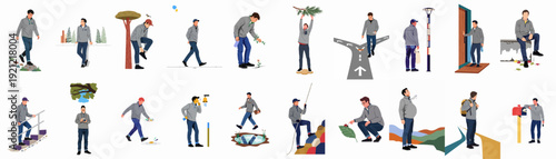 Illustrations of a man in diverse scenarios: walking, exploring nature, making decisions, performing daily tasks, and interacting with his environment.