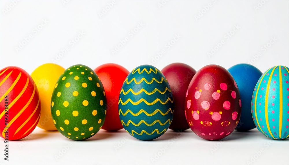 Fototapeta premium Row of colorful decorated Easter eggs with unique patterns
