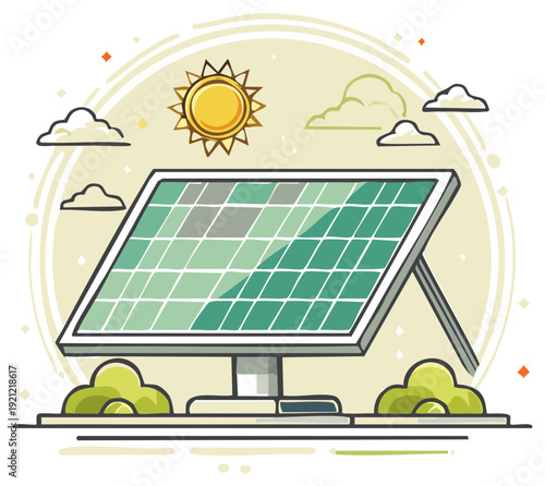 Illustrated solar panel absorbing sunlight and generating power