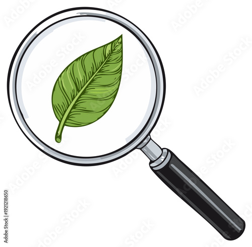 Magnifying glass examining a green leaf's detailed veins