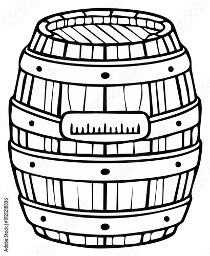 Wooden Barrel Illustration, Coopered Container with Staves and Hoops, Black and White Outline for Coloring or Silhouettes