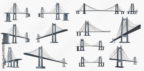 Set of modern suspension and cable-stayed bridge icons from various perspectives and angles on a transparent background.