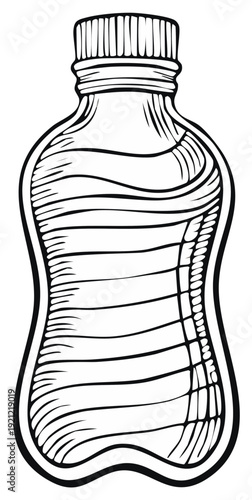 Plastic water bottle with liquid and screw cap, black and white line art vector illustration