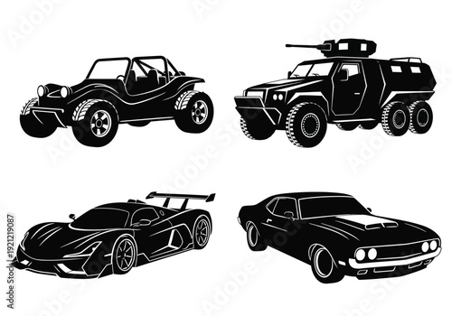 Extreme offroad buggy and armored military truck with supercar and powerful muscle car set