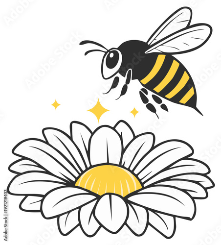 Bee flies over a white daisy with shining stars concept vector illustration. For printing design