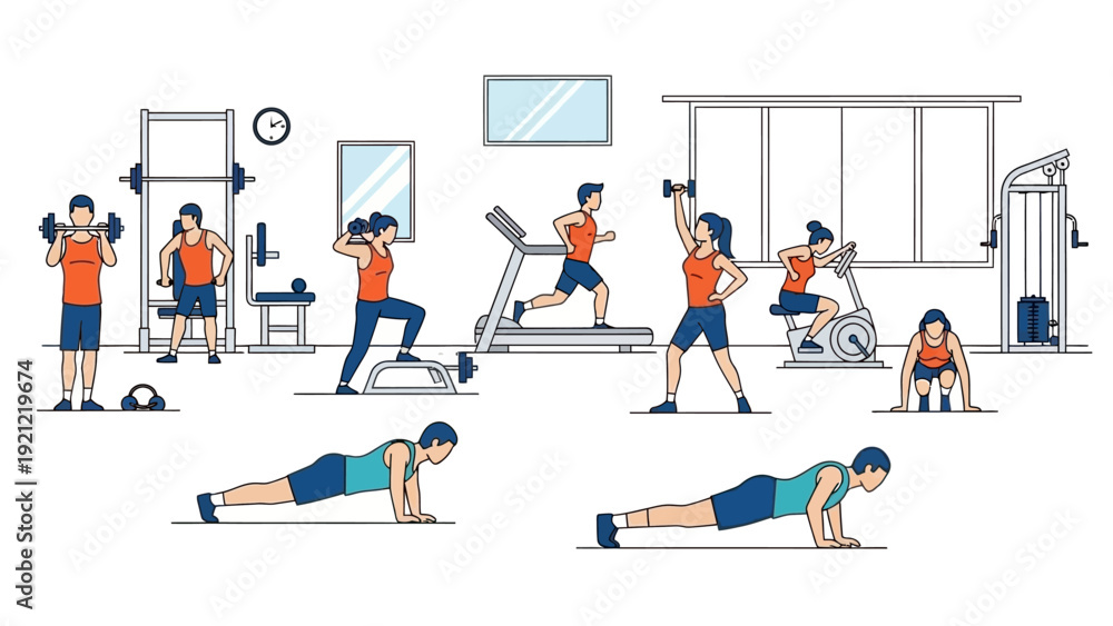 Fototapeta premium diverse group exercising in a modern gym utilizing various equipment for cardio and strength training workouts promoting healthy living.