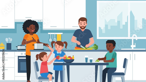 diverse family cooking and healthy meal preparation in a modern kitchen illustrating teamwork family bonding and real domestic life.
