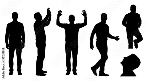 diverse male silhouettes demonstrating various human actions like standing reaching running and looking up isolated on white background.