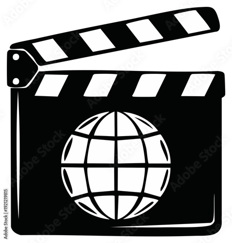 Vector clapperboard icon with a globe symbol representing global cinema and international film