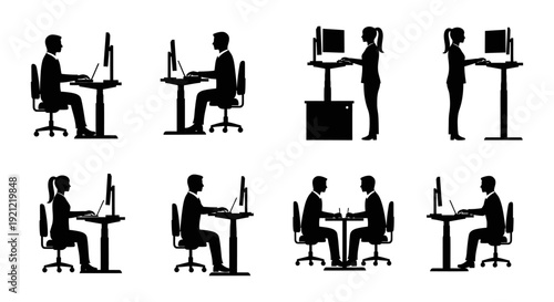 diverse professionals using ergonomic adjustable standing desks for healthy work postures in a modern office environment.