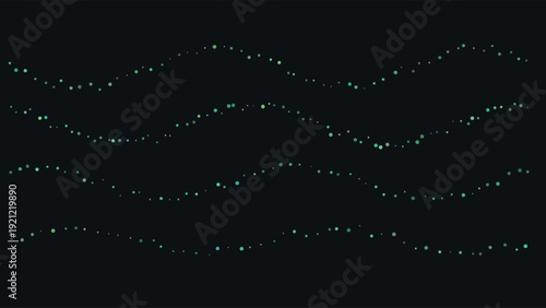 Abstract digital wave pattern of glowing teal blue dots on deep black background creating futuristic cosmic texture with dynamic composition