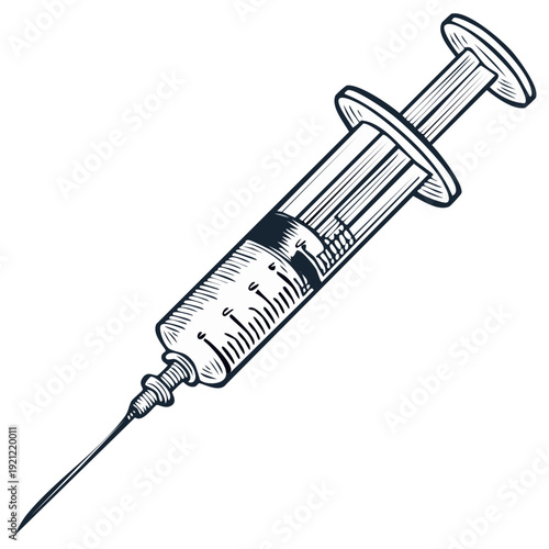 Vintage syringe with needle in engraved style art drawing illustration
